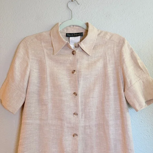 Harve Benard Linen Classic Vintage Preppy Minimalist Button Up Tan Shirt Dress M - Picture 3 of 9